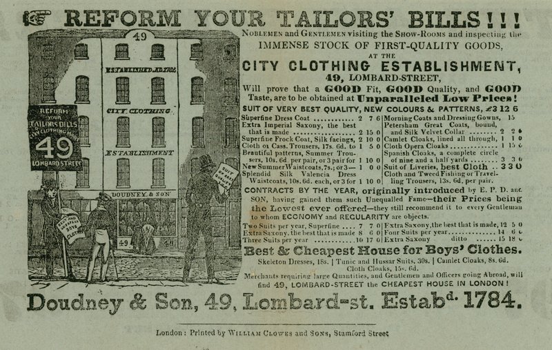 Annons för Doudney & Son, City klädföretag, 49 Lombard Street, London av English School