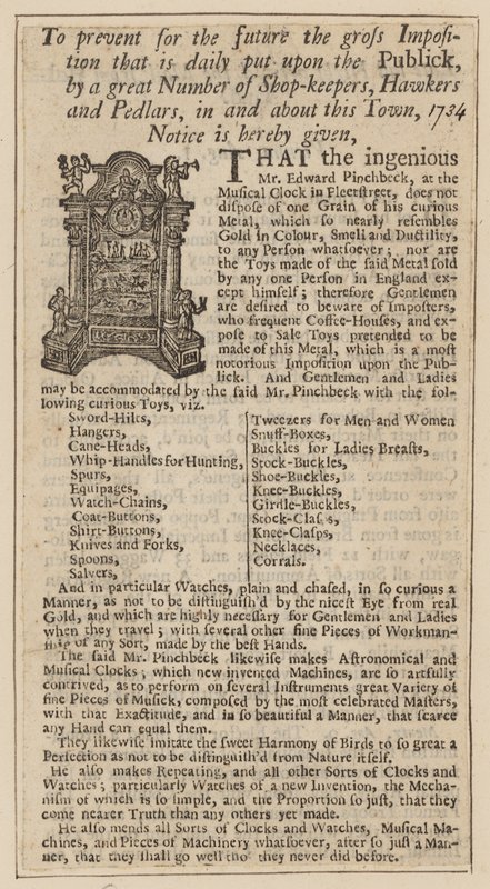Annons för Edward Pinchbeck, Musical Clock, Fleet Street, London, från 1734 av English School