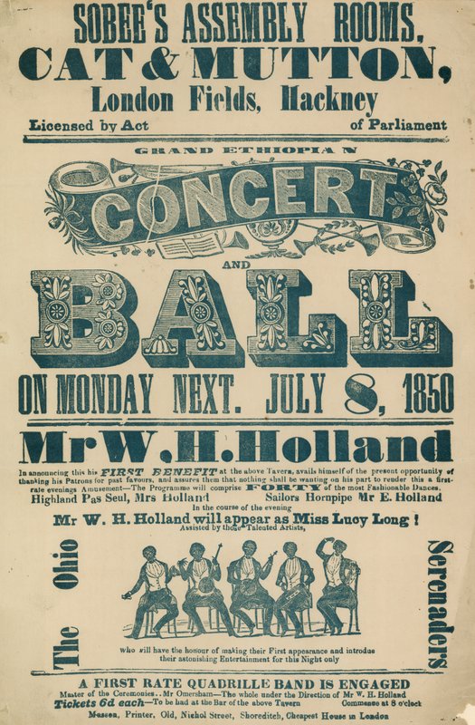Annons för Grand Ethiopian Concert and Ball, 8 juli 1850, i Sobees Assembly Rooms av English School