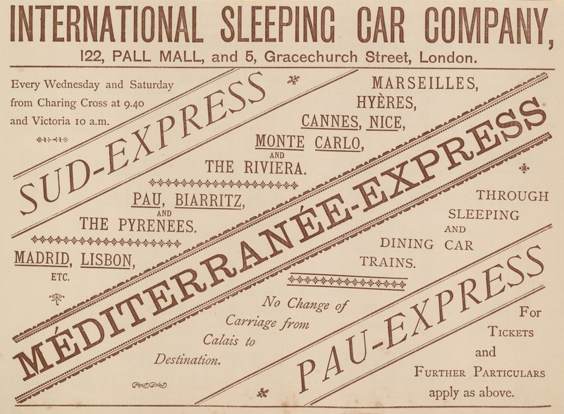 Annons för International Sleeping Car Company, 122 Pall Mall och 5 Graceshurch Street, 1888 av English School