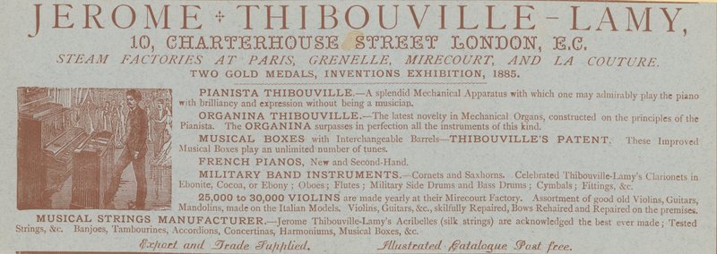 Annons för Jerome Thibouville-Lamy, 10 Charterhouse Street, London, instrumentmakare av English School