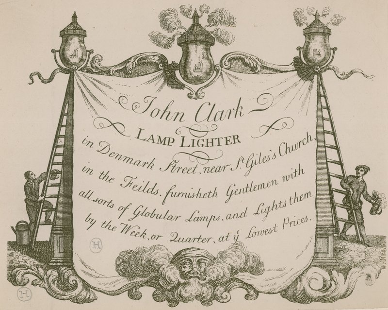 Annons för John Clarke, lamptändare, Denmark Street, London av English School