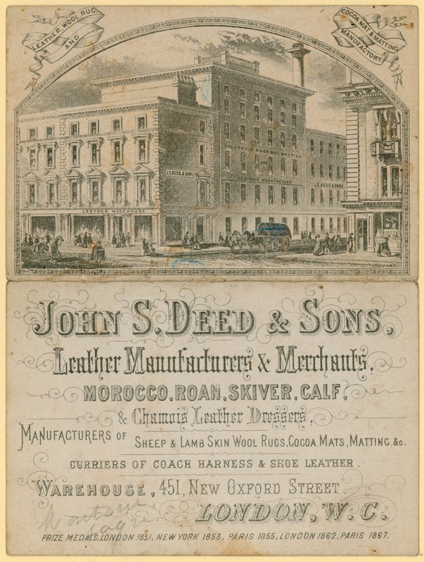 Annons för John S Deed & Sons, lädertillverkare och handlare, 451 New Oxford Street, London av English School