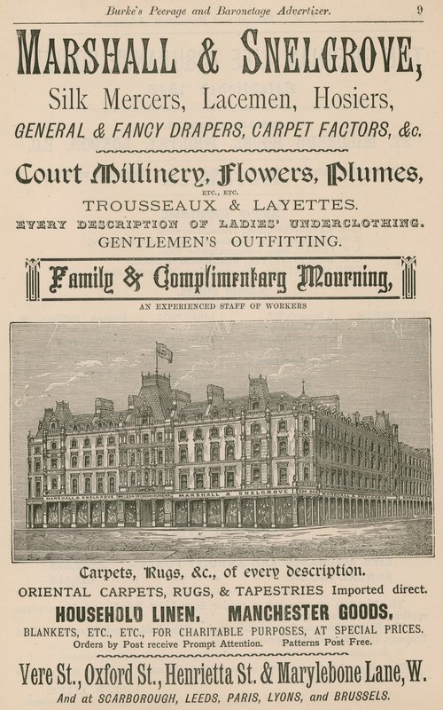 Annons för Marshall & Snelgrove, Silk Mercers, Lacemen, Hosiers av English School