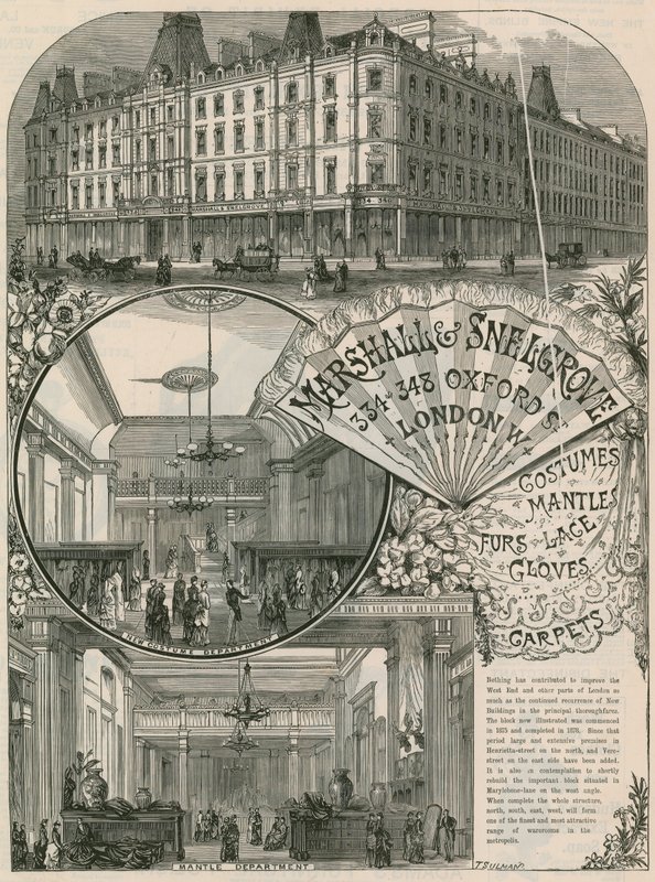 Annons för Marshall & Snelgrove, Silk Mercers, Lacemen, Hosiers, Vere Street, Oxford Street, London av English School