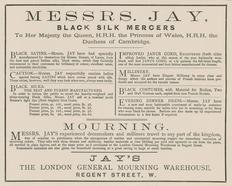 Annons för Mrs Jay, London General Mourning Warehouse, Regent Street av English School