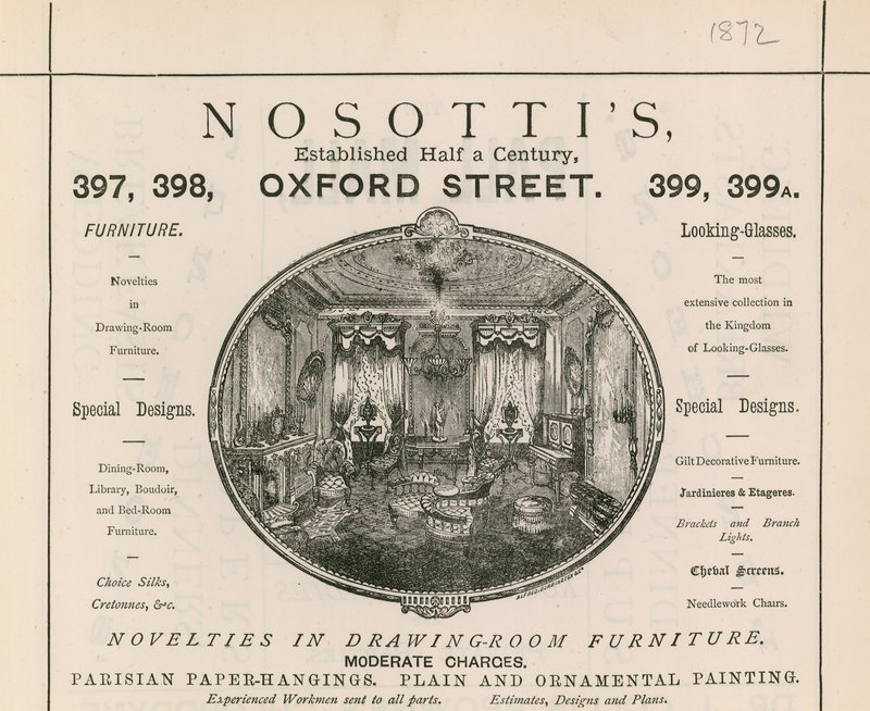 Annons för Nosottis möbelbutik, 397-399 Oxford Street av English School