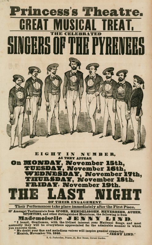 Annons för Princess Theatre, London, med sångarna från Pyrenéerna av English School