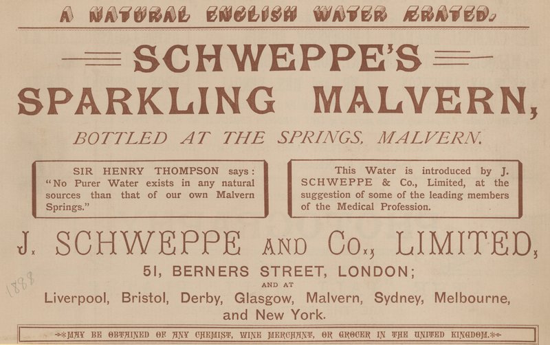 Annons för Schweppes Sparkling Malvern, buteljerad vid källorna, Malvern av English School