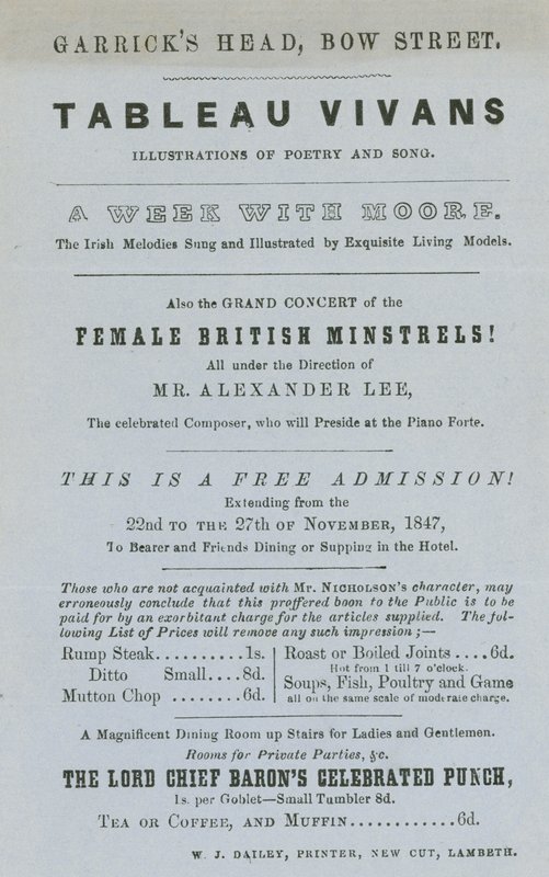 Annons för Tableau Vivans, illustrationer av poesi och sång, Garricks Head, Bow Street, London av English School