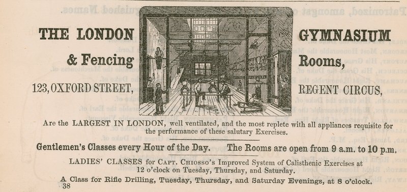 Annons för The London Gymnasium & Fencing Rooms, 123 Oxford Street, Regent Circus av English School