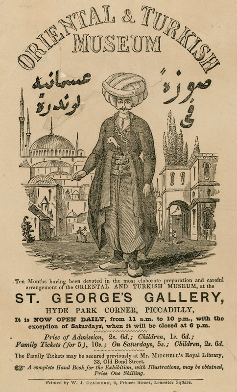 Annons för The Oriental and Turkish Museum på St Georges Gallery, Hyde Park Corner, Piccadilly, London av English School
