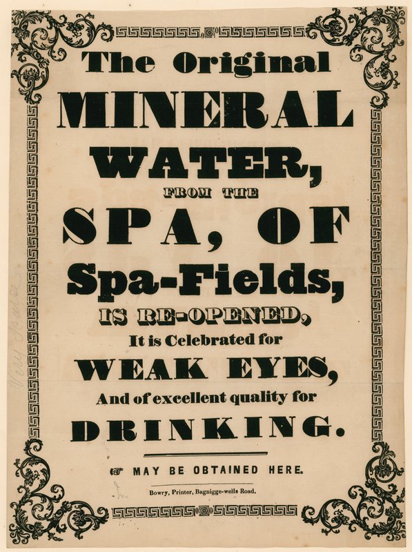 Annons för The Original Mineral Water from Spa of Spa-Fields av English School