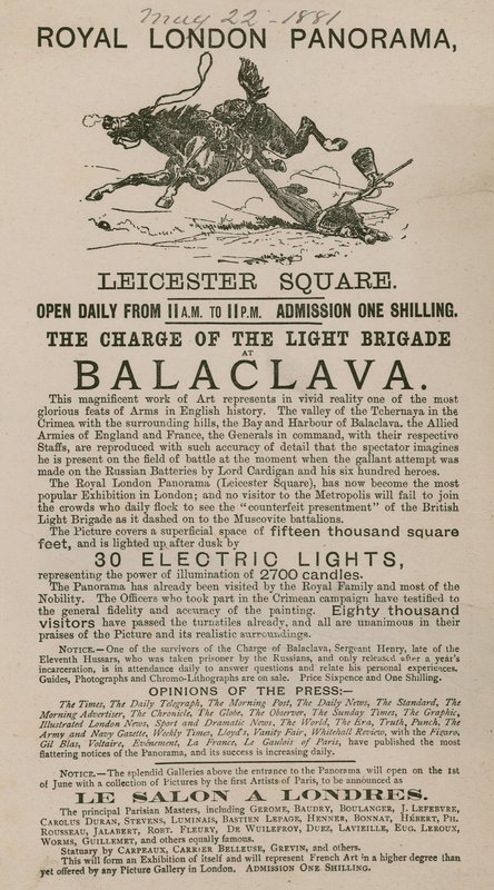 Annons för The Royal London Panorama med Charge of the Light Brigade vid Balaclava av English School