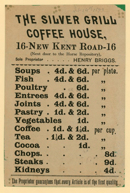 Annons för The Silver Grill Coffee House, 16 New Kent Road, London av English School