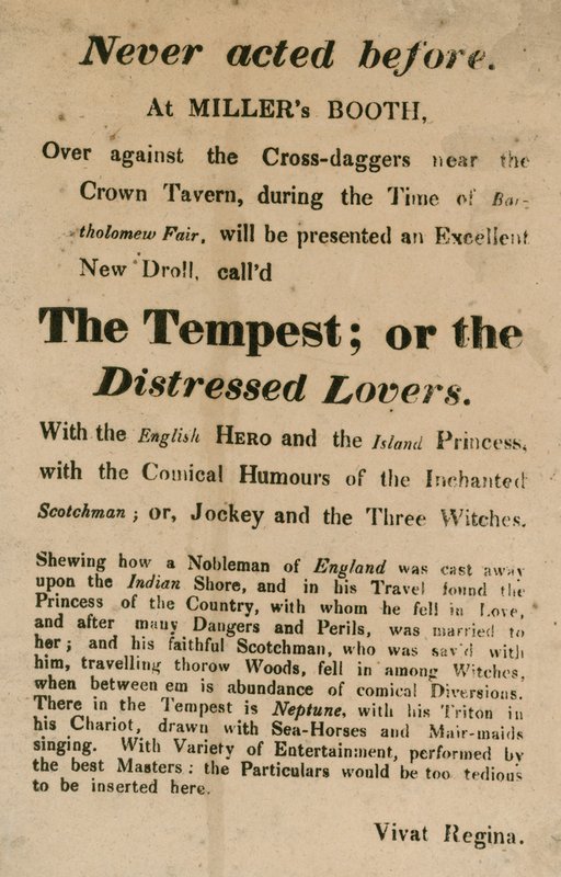 Annons för The Tempest; eller, The Distressed Lovers, uppträdde på Millers Booth, Cross Daggers, nära Crown Tavern av English School