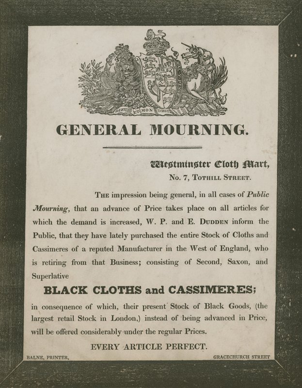 Annons för W P och E Dudden, Westminster Cloth Mart, 7 Tothill Street av English School