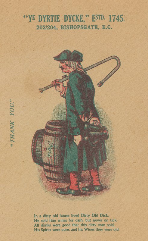Annons för Ye Dyrtie Dycke (Dirty Dick), 202-204 Bishopsgate, London av English School