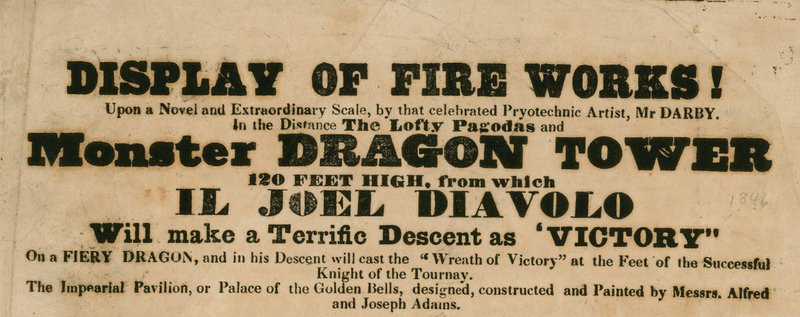 Annons för uppvisning av fyrverkerier, Vauxhall Gardens, London av English School