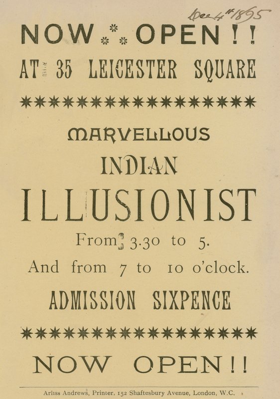 Annons för en indisk illusionist som dyker upp på 35 Leicester Square, London av English School
