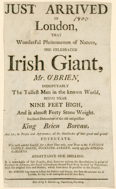 Annonsera för ett framträdande av Charles Byrne, alias OBrien the Irish Giant, den längsta mannen i den kända världen av English School