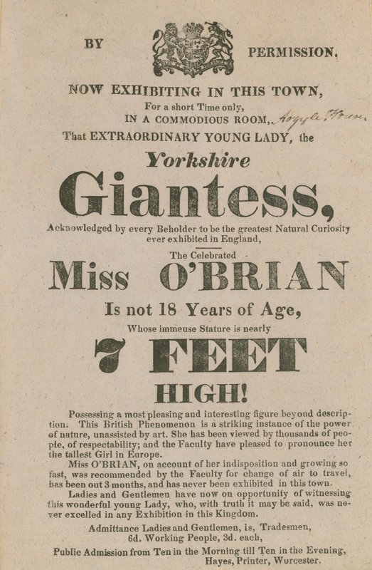 Annonsera för ett framträdande av Miss OBrian, Yorkshire Giantess av English School