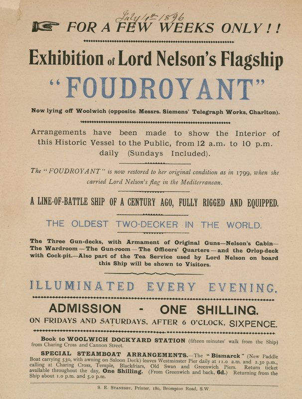 Annonsera för en utställning av Lord Nelsons flaggskepp Foudroyant av English School