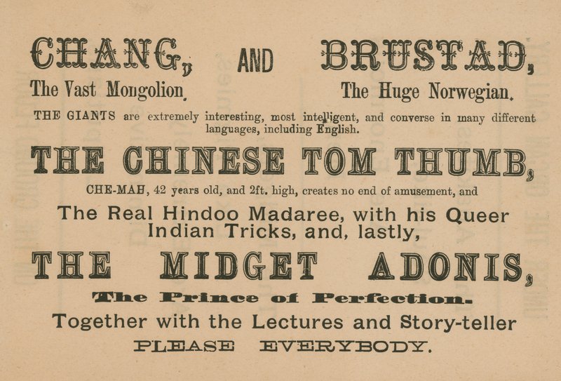 Annonsera för framträdanden av Chang, Brustad, The Chinese Tom Thumb och The Midget Adonis av English School