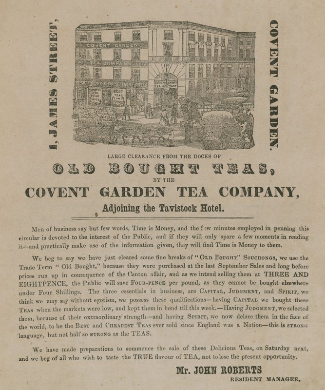Annons för gamla köpta teer från Covent Garden Tea Company av English School