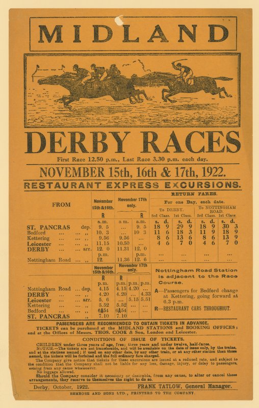 Annons för järnvägsutflykt till Midland Derby Races, 15-17 november 1922 av English School
