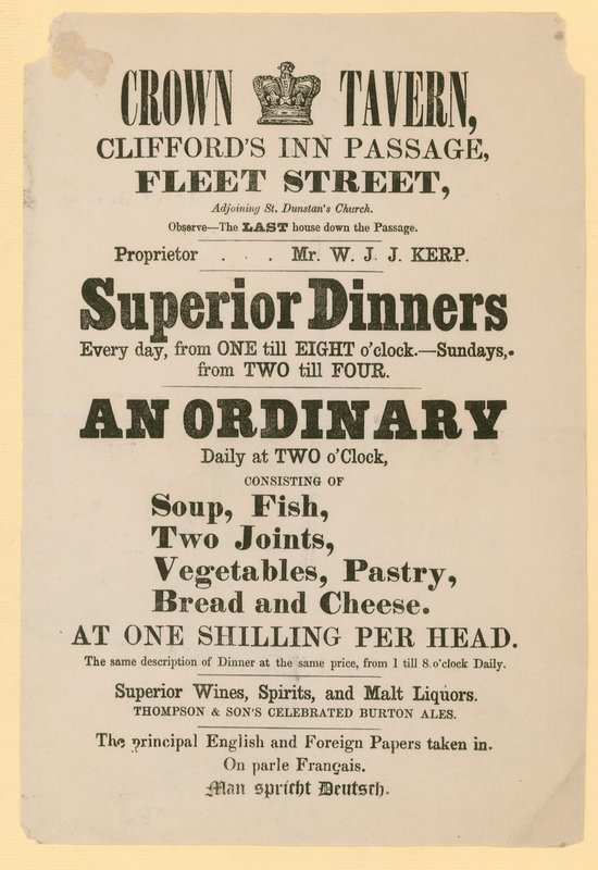 Annons för Crown Tavern, Cliffords Inn Passage, Fleet Street, London av English School