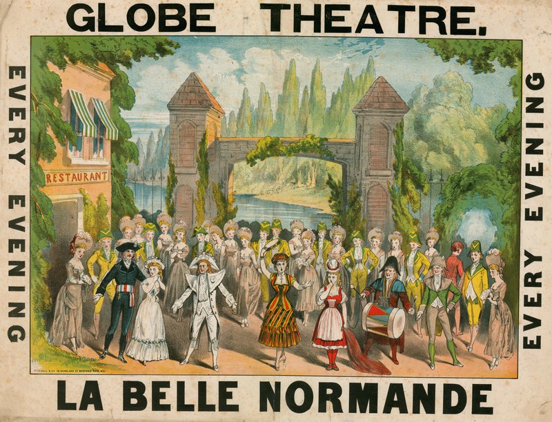 Annons för Globe Theatre, London, för La Belle Normande av English School