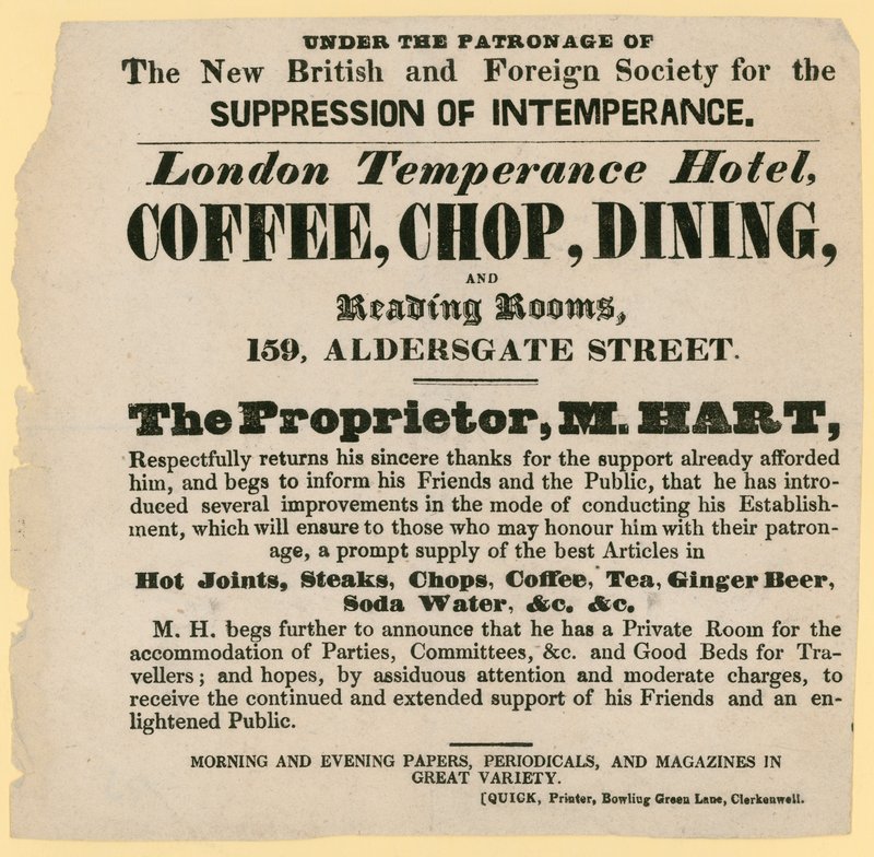 Annons för London Temperance Hotel, under beskydd av New British and Foreign Society for the suppression of imperance av English School