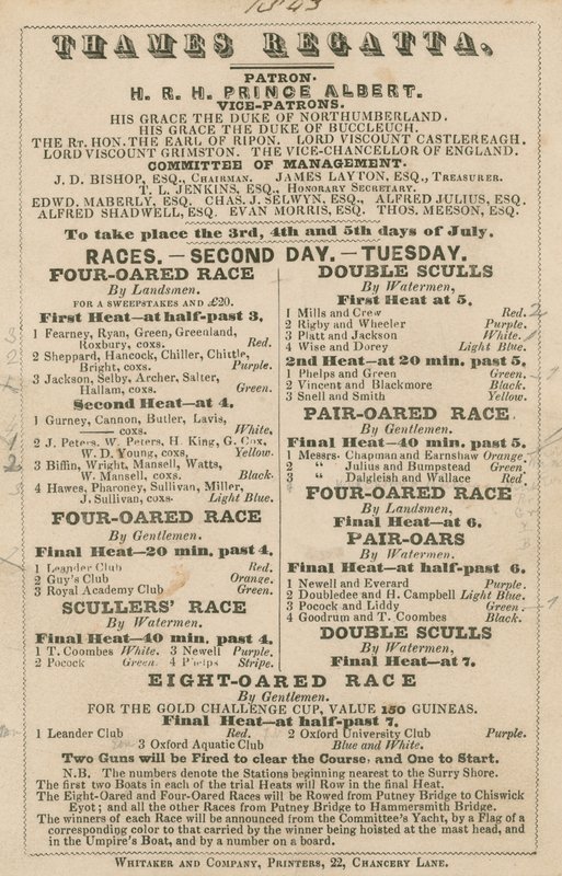 Annons för Thames Regatta, 1843 av English School