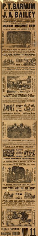 Annonsera för utseendet av P T Barnum och J A Baileys show på Olympia av English School