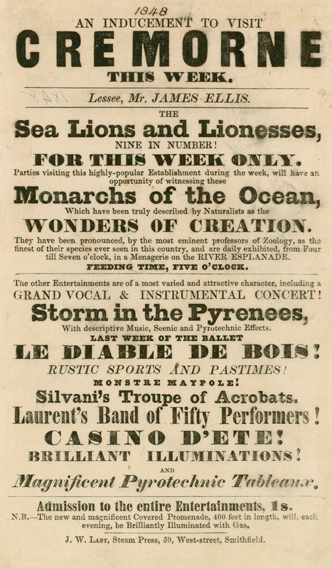 Annonsera för uppkomsten av sjölejon och lejoninnor i Cremorne Gardens, London 1848 av English School