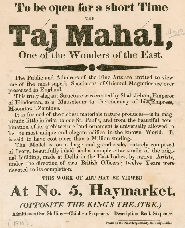 Annons för utställning av en modell av Taj Mahal på 5 Haymarket, London av English School
