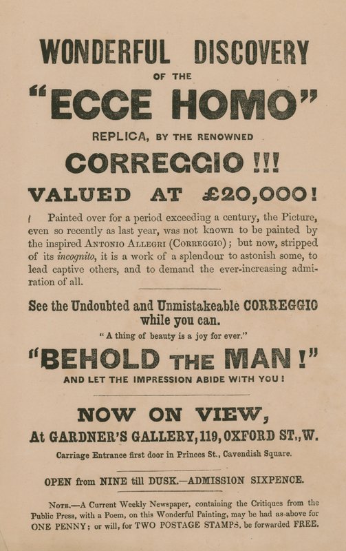 Annons för utställningen av en replik av målningen Ecce Homo av Correggio (Antonio Allegri) av English School