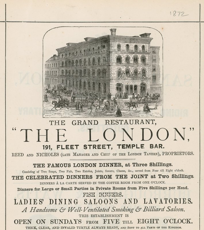 Annons för den storslagna restaurangen The London, 191 Fleet Street, Temple Bar av English School