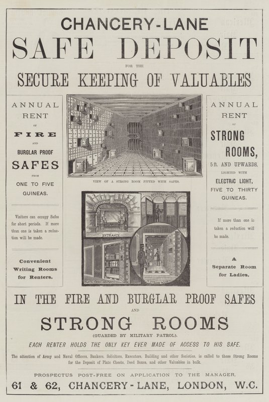 Annons, Chancery-Lane Safe Deposit (gravyr) av English School
