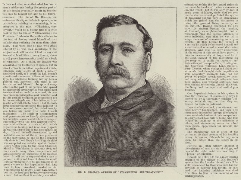 Annons, Mr B Beasley, författare till "Stammering, Its Treatment" (gravyr) av English School