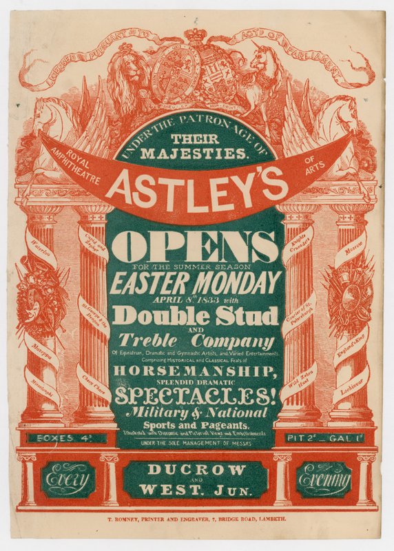 Annons för Astleys Amphitheatre, öppnande för sommarsäsongen, 8 april 1833 av English School
