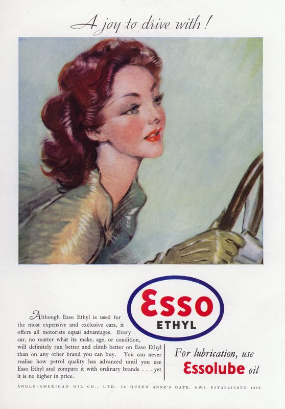 Annons för Esso Ethyl Oil, som visar en glamorös kvinna som kör, 1937 av English School