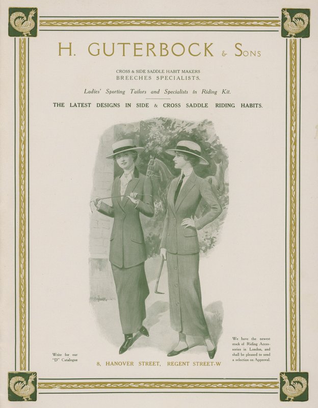 Annons för H Guterbock & Sons, sportskräddare för damer och specialister på ridutrustning (litho i färg) av English School