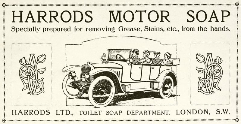 Annons för Harrods motortvål (litho) av English School