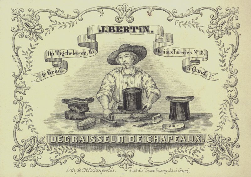 Annons för J Bertin, hattstädare, Gent, Belgien (litho) av English School