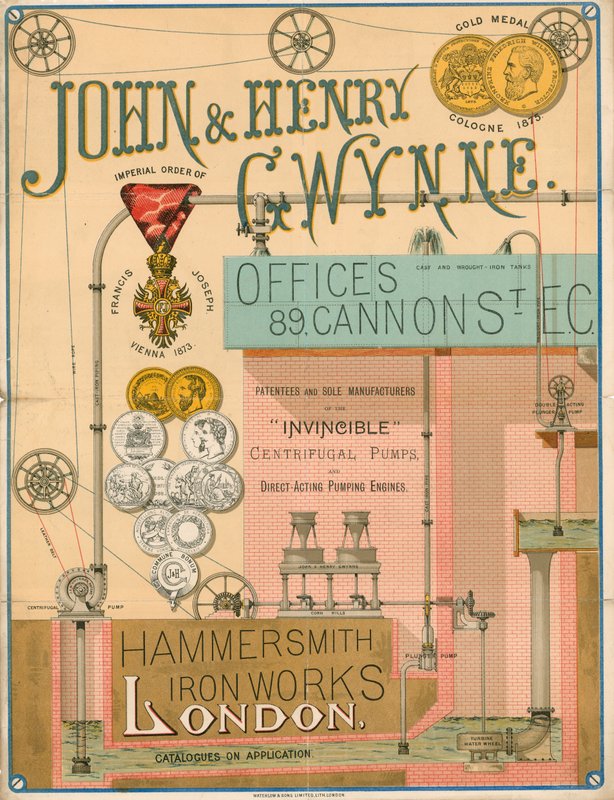 Annons för John och Henry Gwynne, 89 Cannon Street, London, tillverkare av Invincible centrifugalpumpen av English School