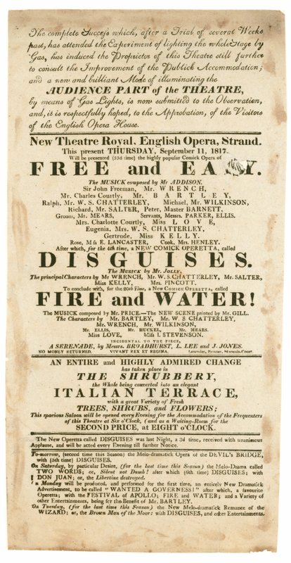 Annons för New Theatre Royal, English Opera, Strand, London, den 11 september 1817, där gasbelysning nämns av English School