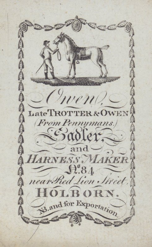 Annons för Owen, sadelmakare och selmakare, London (litografi) av English School