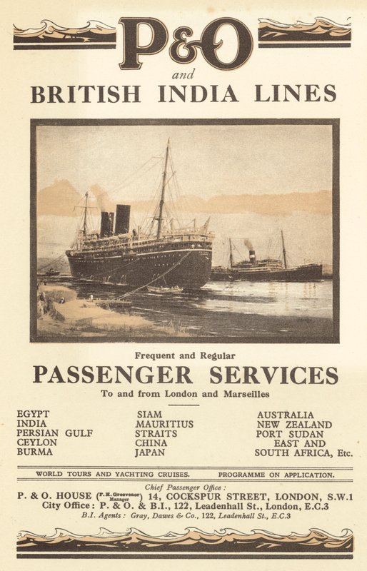 Annons för P och O och British India Lines (färg litho) av English School